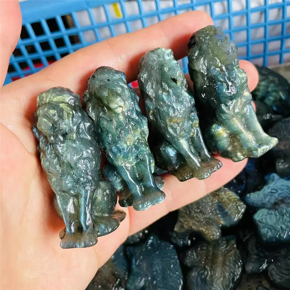 

1pcs Carving Gemstone Healing Crystals Crafts Natural Blue Flash Labradorite Crystal Lion Figurines For Gift