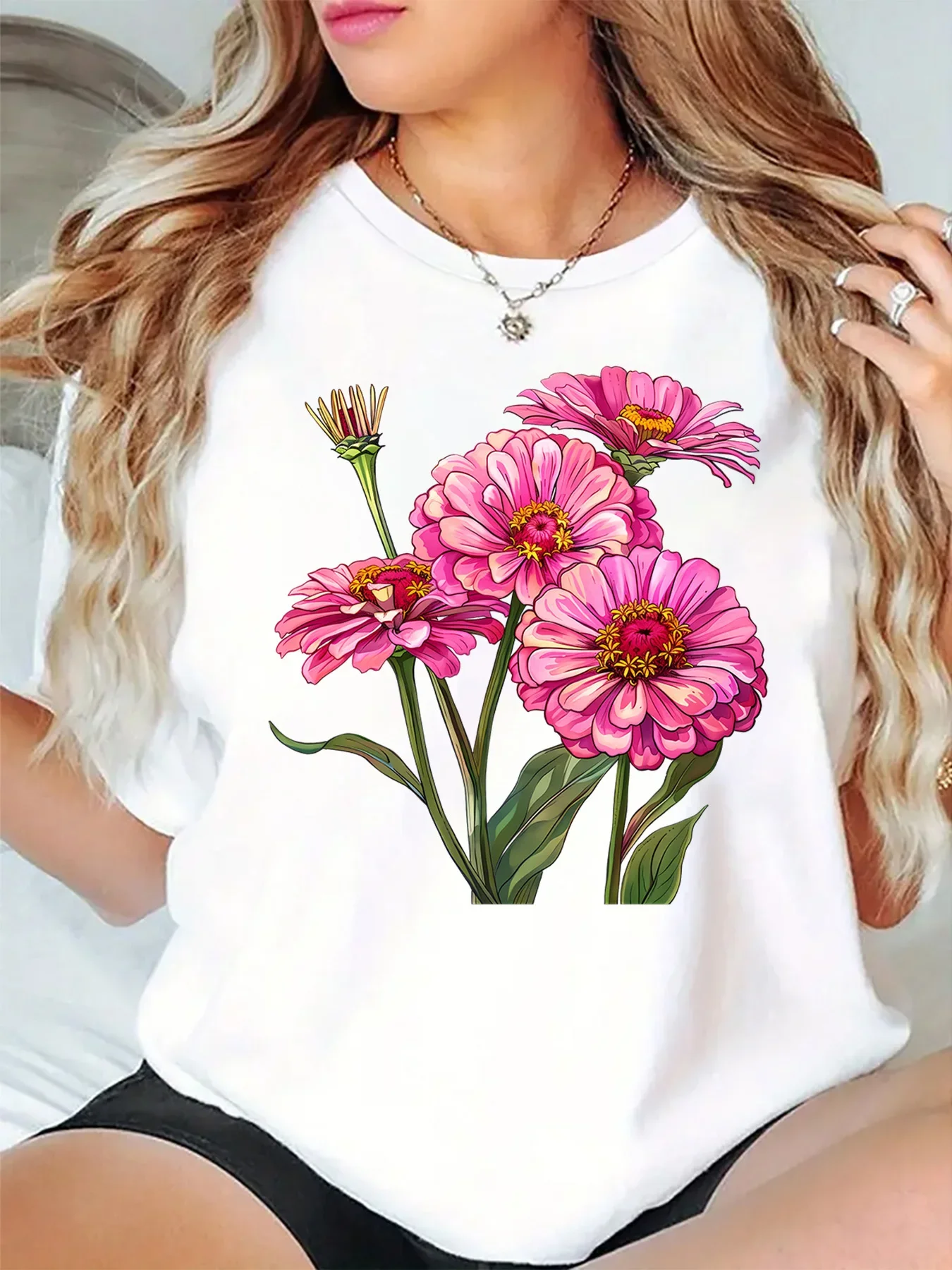 Vibrant Pink Zinnia Flower Botanical Graphic Womens T Shirt Short Sleeve Crew Neck Nature Inspired Casual Daily Ladies Tee Tops