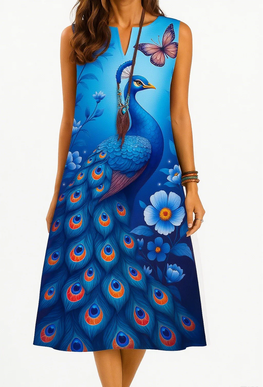 Kurt modisches und elegantes Damenkleid mit langen Ärmeln und geradem Schlauch, lässigem V-Ausschnitt und Pfauenmuster.