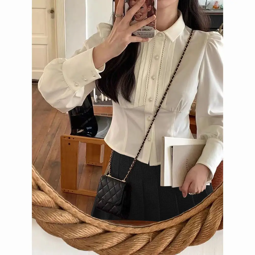 

2024 Spring Autumn French Style Long Sleeve Blouse for Women Sweet Waist Cinching Short Shirt Elegant Unique Design Slim Fit Top