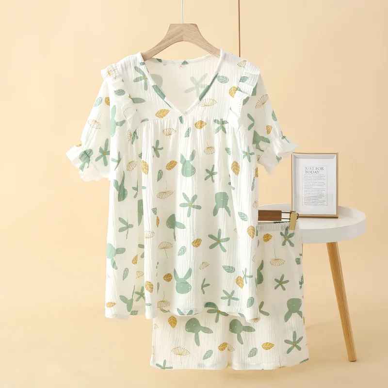 2024 New Women's Pajamas Short Sleeve Shorts Two Piece Set 100% Cotton Crepe Cute Set Vintage Flower Ladies Home Fury Pajama