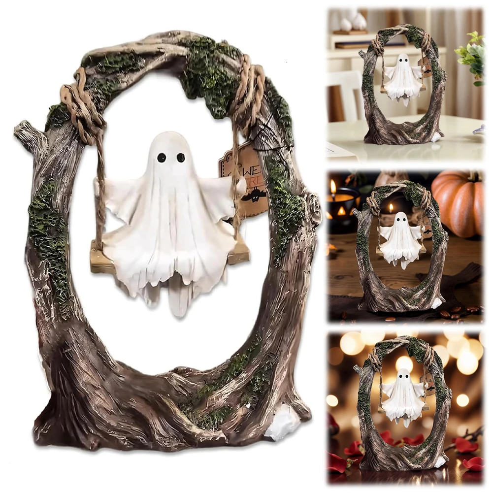 

Halloween Cute Ghost Tree Swing Decoration Ornaments Resin Spooky Statue Home Decoration for Desk Windowsills Dining Tables