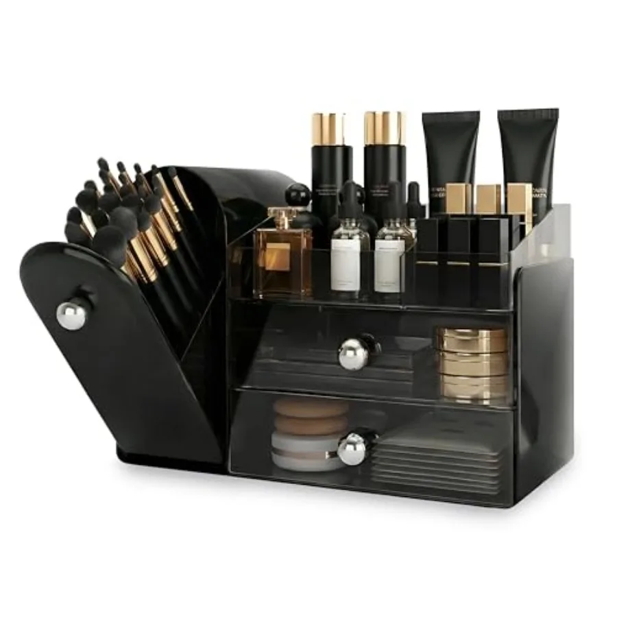 

Makeup Organizer with Dustproof Brush Holder for Vanity, Large Cosmetics Organizer and Bathroom Countertop Skincare Storage wit