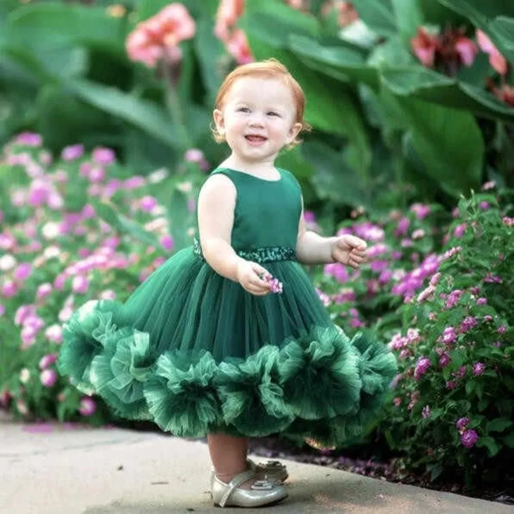 GreenTulle Princess Tiered Flower Girl Dresses Birthday Pageant Communion Robe De Demoiselle Baby Party 2022