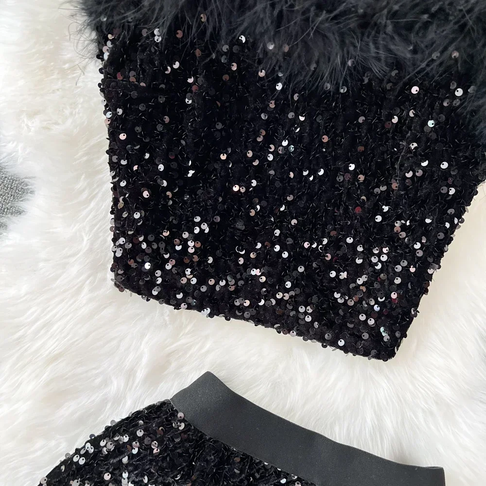 冬のスパンコールセクシーなツーピースセット女性背中の開いたノースリーブグリッタータンクトップとミディスカートスーツ女性のファッション衣装