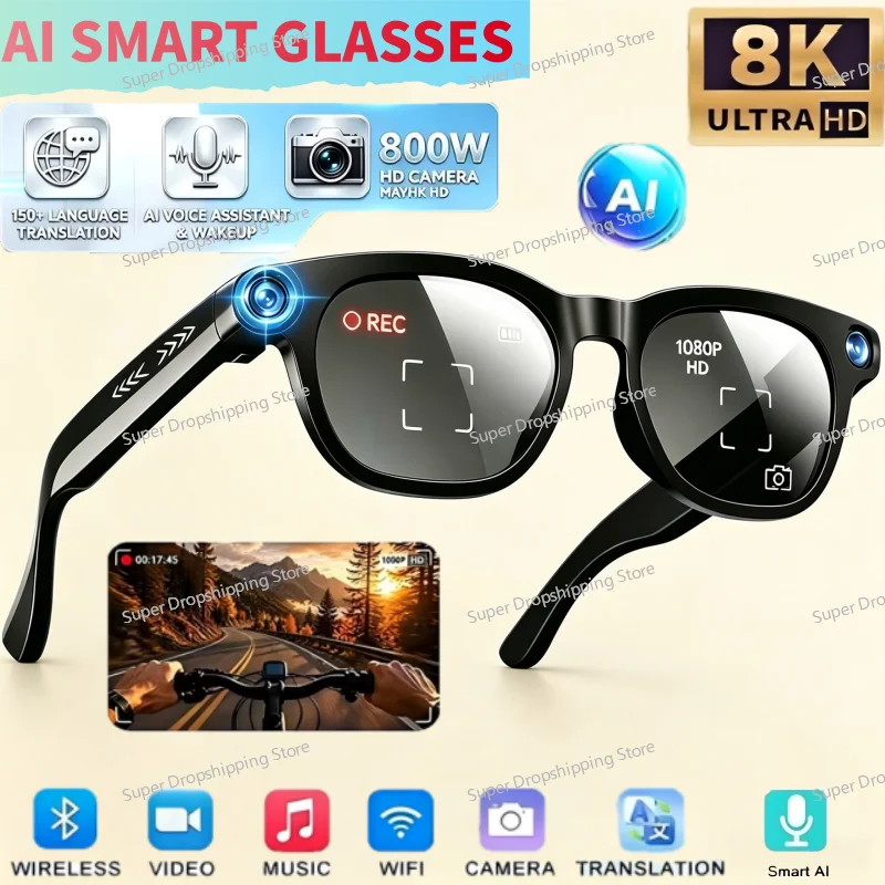 4K AI Smart Eyewear Built In Camera Bluetooth Calling Voice Assistant Control Smart Glasses Photo Video Capture Wearable Audio