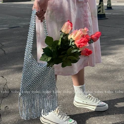2021 New Female Silver Tassel Beaded Shoulder Bag Niche Design Vintage Handmade Woven Bag Beaded Handbag Fashionable Purses