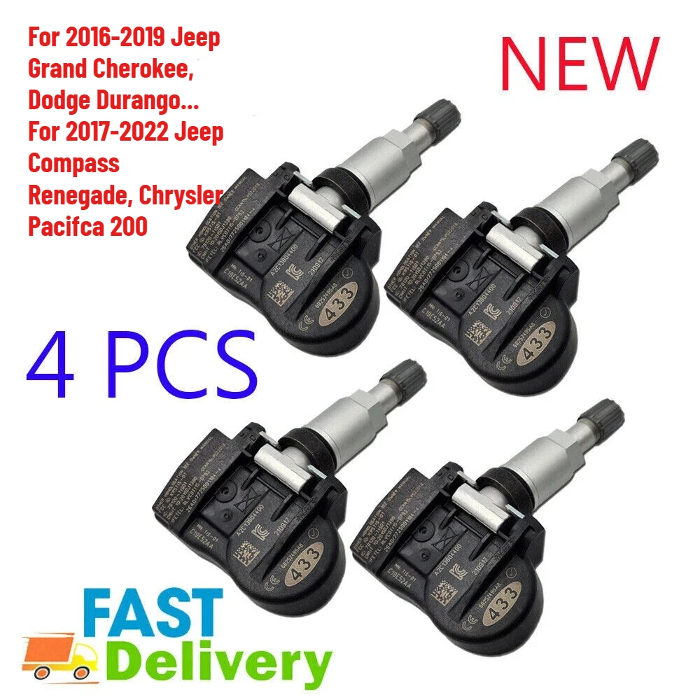 

4Pc 68313387AB 68252493AB 68105280AF 53305555 433Mhz TPMS Tire Pressure Sensor For 13-22 Chrysler Pacifica Jeep Compass Renegade