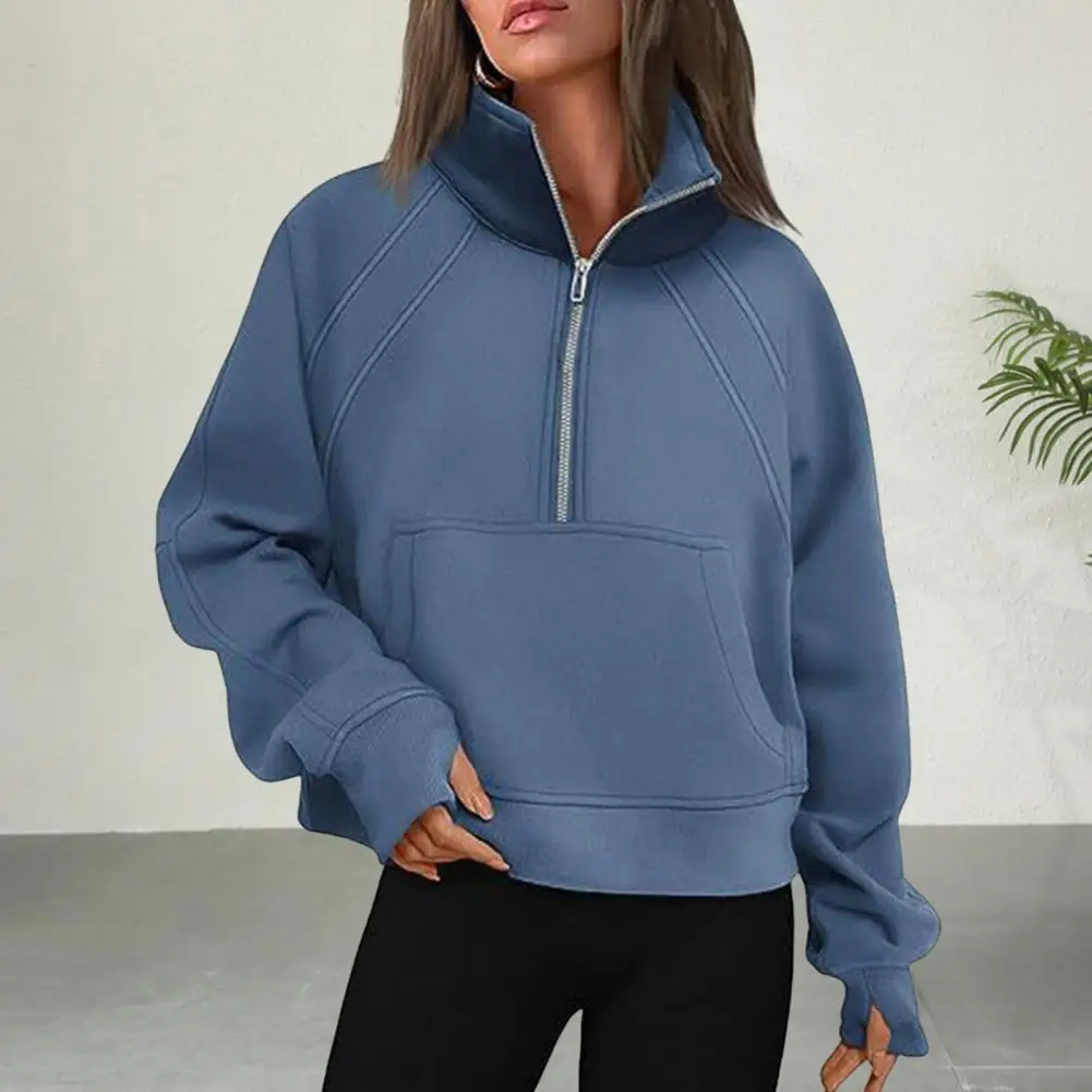 Winter Autumn Women Sweatshirt Collar Plush Long Sleeves Sweatshirt Patch Pocket Elastic Cuff Hem Pullover Workout Daily Top