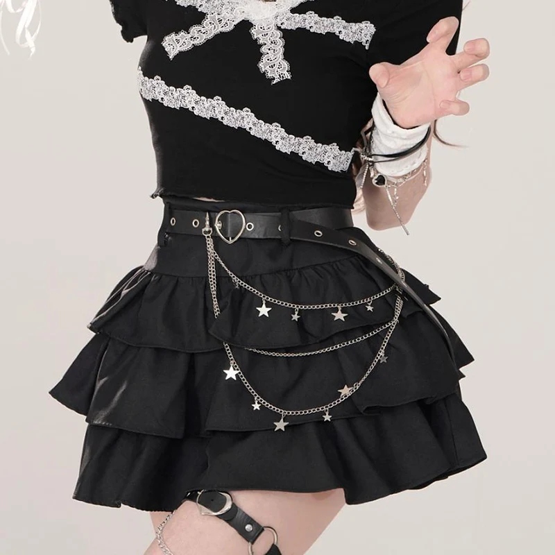 Belt Metal Chain Punk Mini Skirts for Women Summer High Waist Pleated Black Cake Skirt Woman Streetwear A Line Short Skirt Mujer