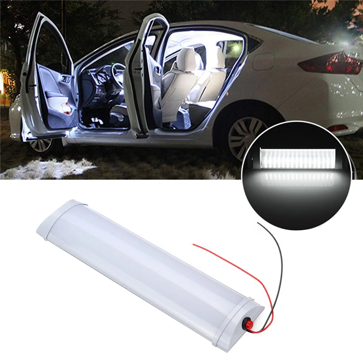 72 LED 10W Car Interior LED Dome Light Bar White CeilingLamp Tube w/ Switch Universal for Van Lorry Truck RV Camper Boat