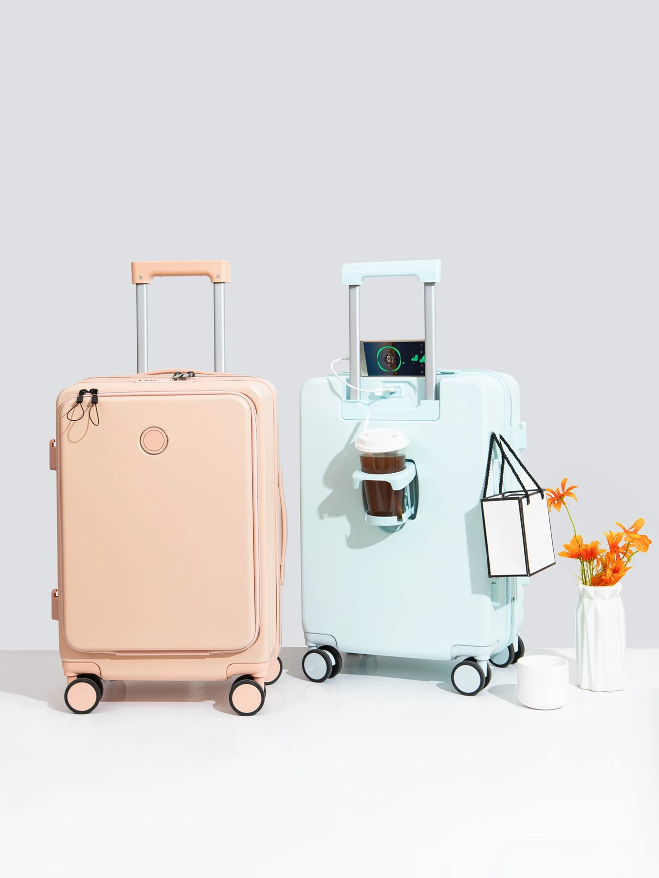 Luggage compartment with front opening lid, 20/24 inch USB charging compartment with cup holder, handheld password lever luggage