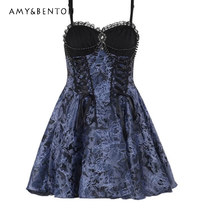 

Original Design Dark Retro Gothic Sweet Cool Women's Dress 2025 Summer New Lace Splicing Jacquard Lolita Strap Dresses Ladies