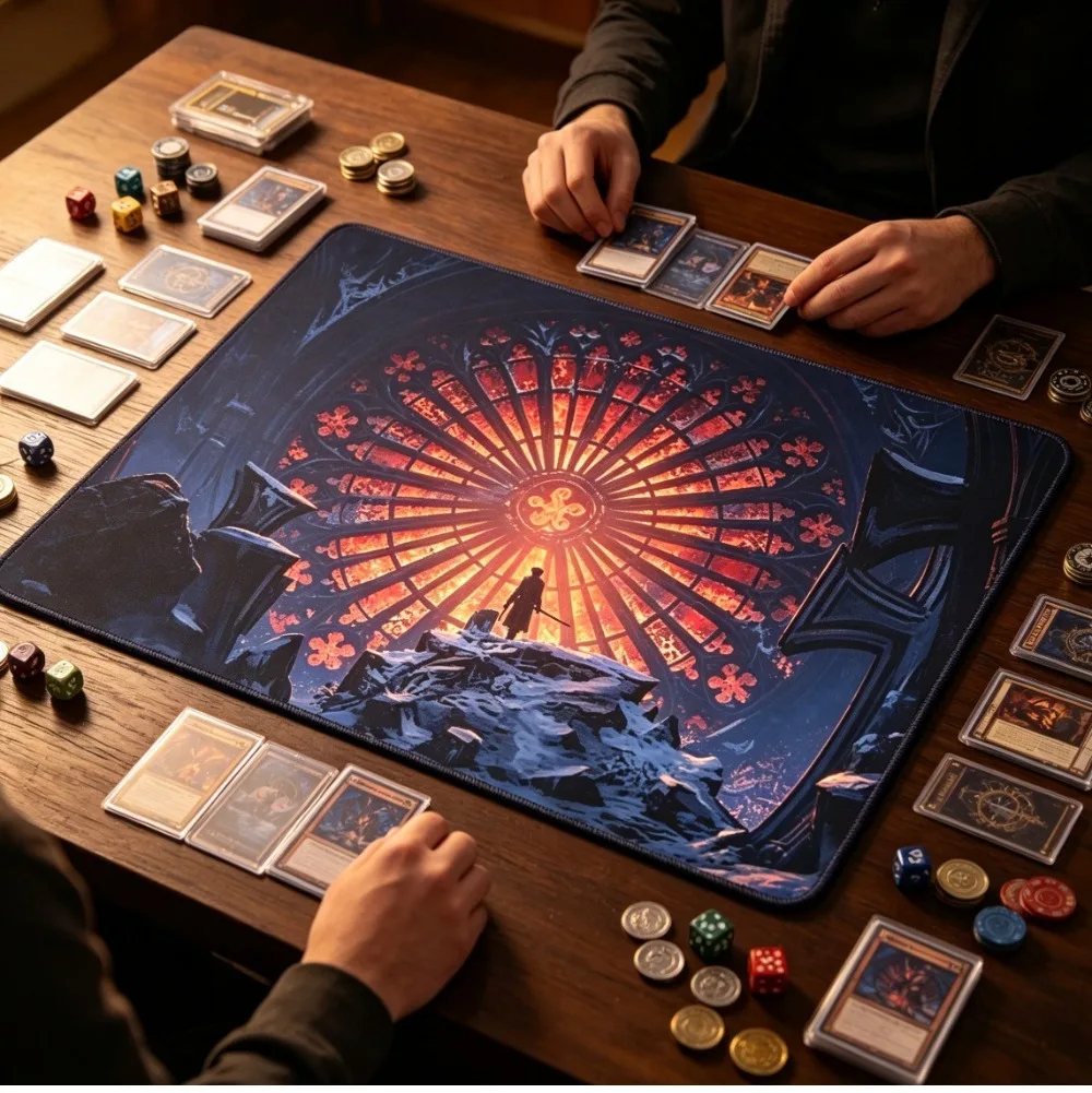 Gothic Stained Glass Warrior Playmat Non-slip Rubber Card Game Mat Stitched Edge Lorcana Trading Card Game Mouse Pad Accessories