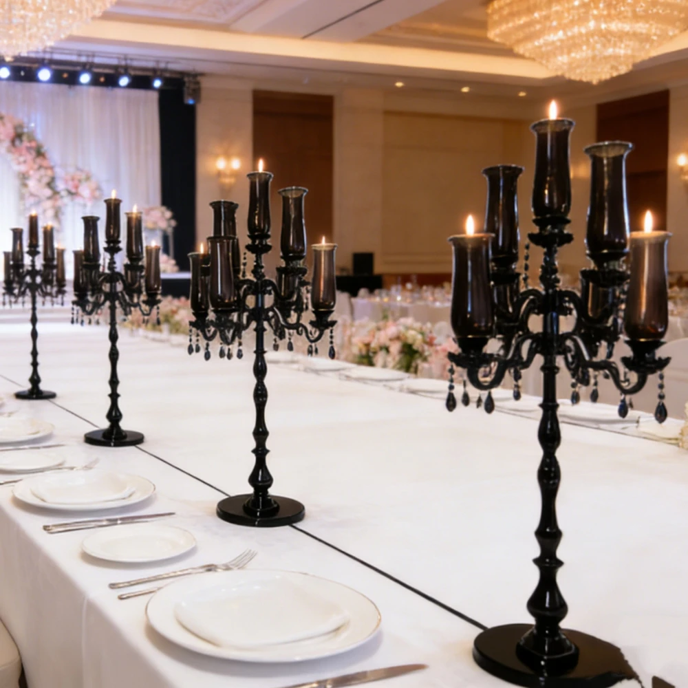 5pcs）125cm tall Wholesale super large  9 Heads Black Crystal Candelabra Centerpieces Wedding Candlestick Holder for Table Decor