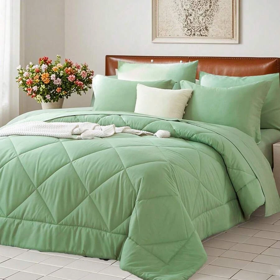 7 Pieces Summer Comforter Sets Queen, Soft, Comfortable And Breathable, Geometric Checkered Pattern Bedding Set, Including 4 Pieces Pillowcase, 1 Flat Sheetand 1 Fitted Sheet, Perfect For Your Room Decoration, Bed In Bag Set/sf25051382833274394