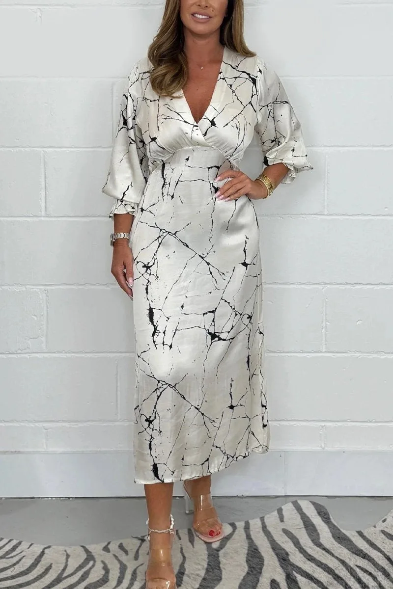 BKLD 2025 여름 가을 신상 패션 프린트 파티 드레스 여성 의류 새틴 V넥 긴팔 미디 드레스