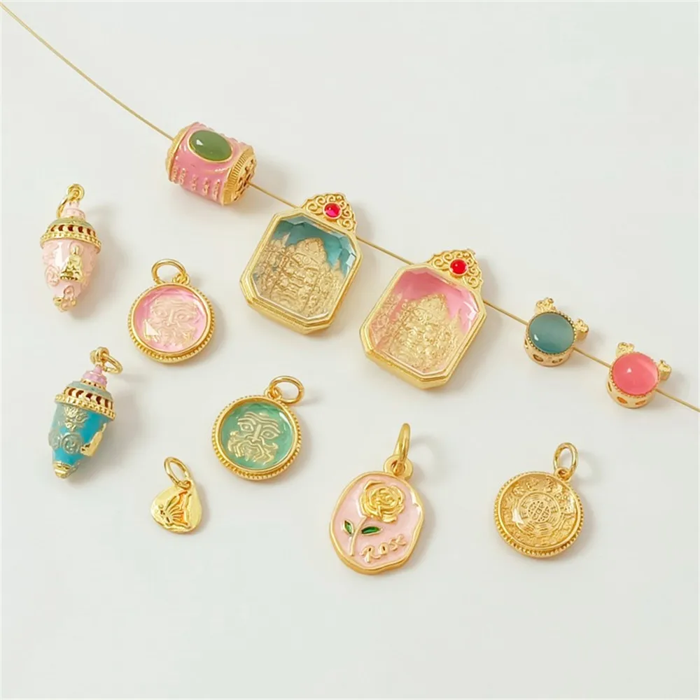 18K Gold-plated Five-piece God of Wealth Rose Pendant Cat's Eye Gold Coin Diy Bracelet Necklace Accessory