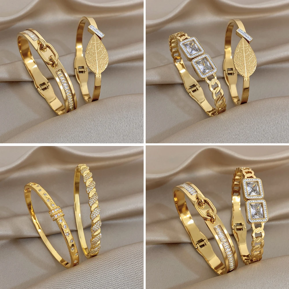 Tide Leaf Diamond-encrusted Stainless Steel Bracelet Locking Buckle Shape Original Design Men Women's Waterproof Bangle Jewelry