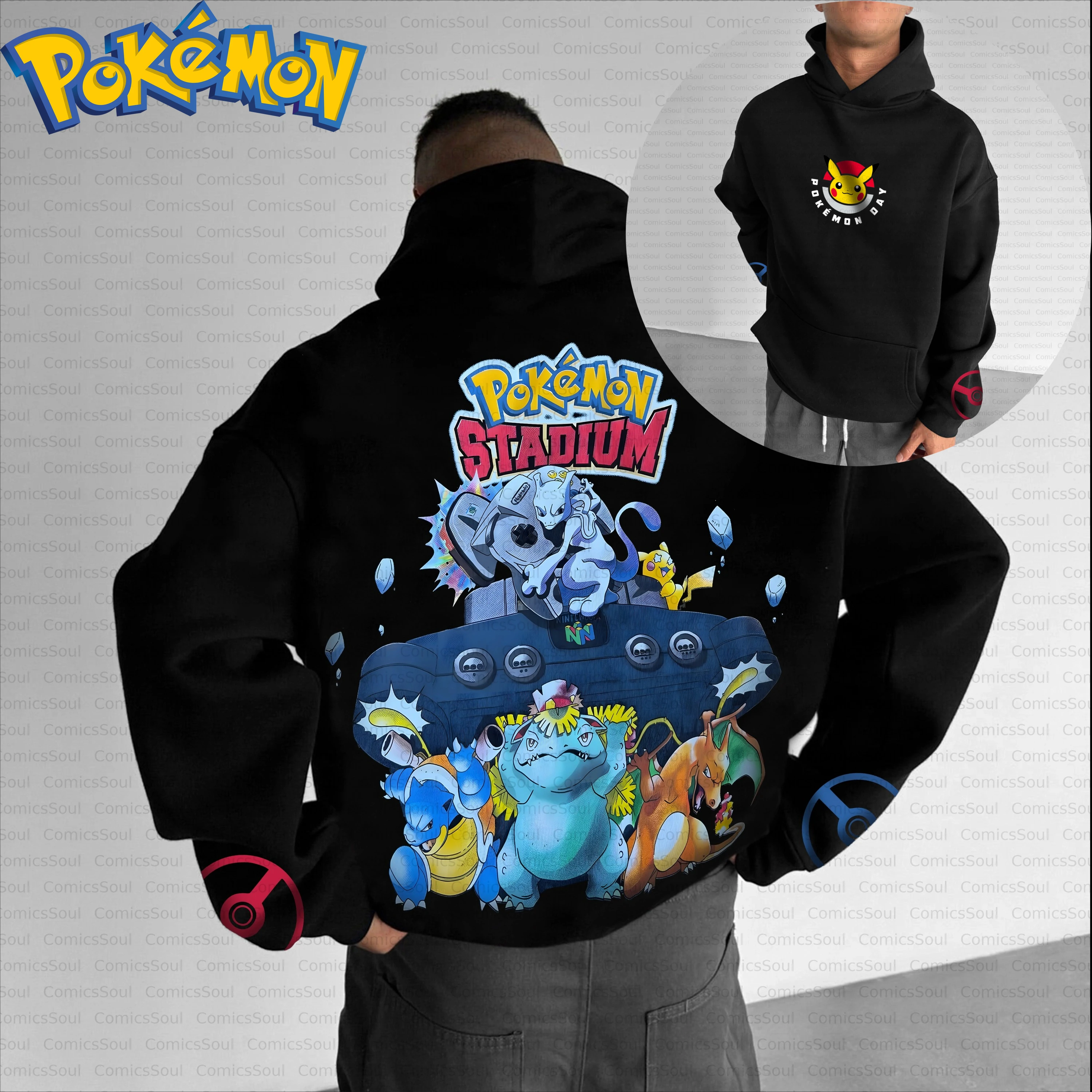 Conjunto de moletom com capuz Pokémon de algodão preto e calças Harajuku com Pikachu Charizard Blastoise Mewtwo estampa traseira design de tema de jogo azul