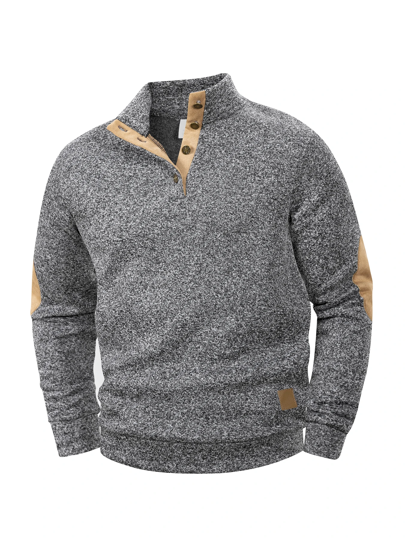 Men Henley Style Stand Collar Pullover Sweatshirt Elbow Patches Button Placket Long Sleeve Ribbed Trim Retro Casual Tops