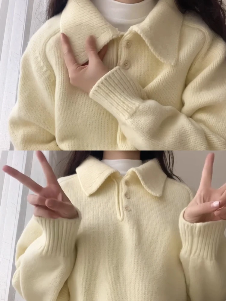 College Sle – tricot à col pour femme, coupe ample, douce, chaude, longue, couleur Sve, vêtements d'extérieur en jaune lait pour l'automne...