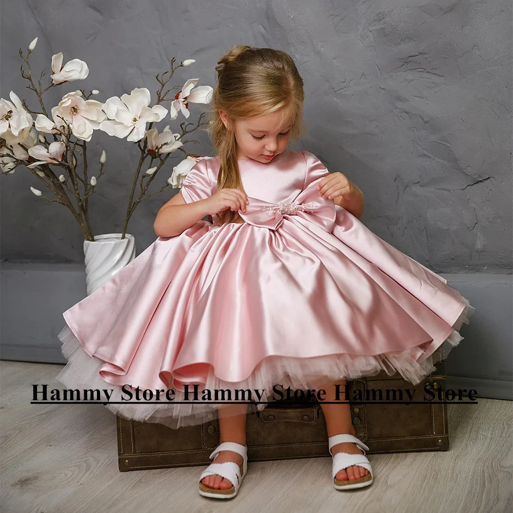 Abiti da festa di compleanno per bambina girocollo maniche corte perle Big Bow Puff Kids Pageant Gown abito a fiori in raso