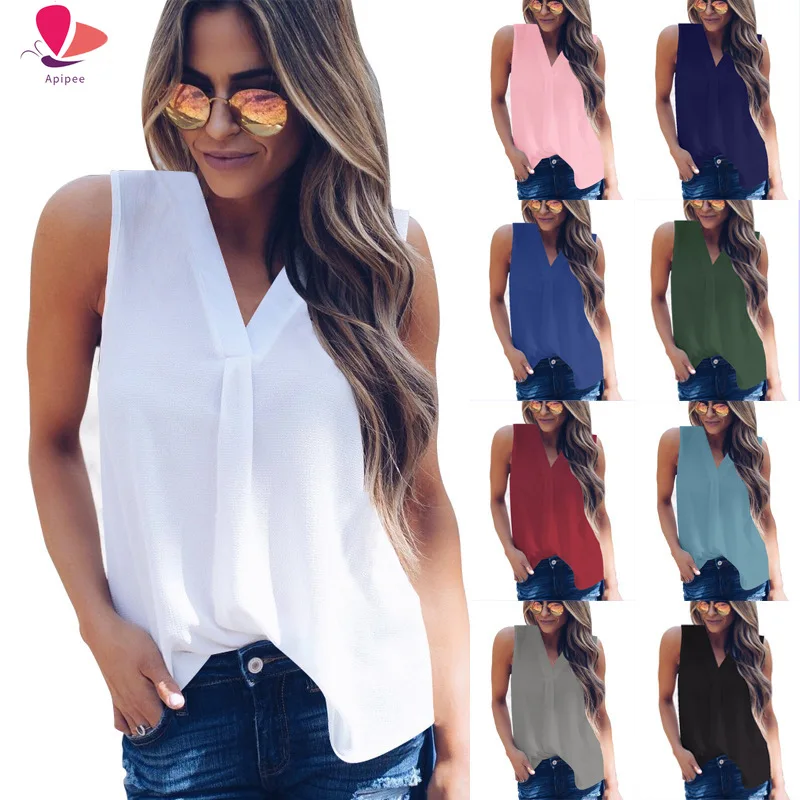 

Women Spring Summer Chiffon Blouse Top V Collar Sleeveless Loose Shirt Blusa Feminina 5XL Blusas Mujer De Moda 2024