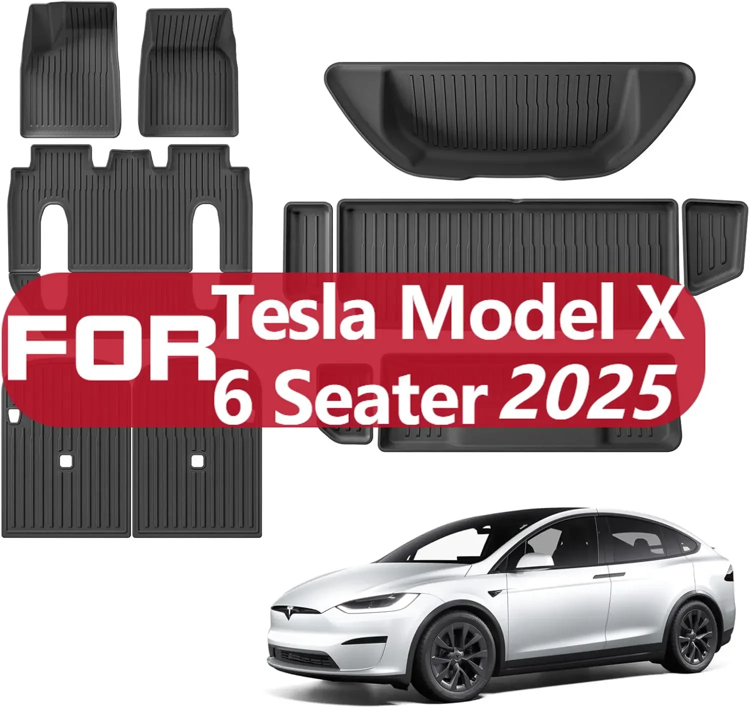 

12Pcs Floor Mats Set For 2025 Tesla Model X 6 Seater (Not Fit 5/7 Seater) All Weather 2025-2022 Floor Liner Back Seat Cargo Line