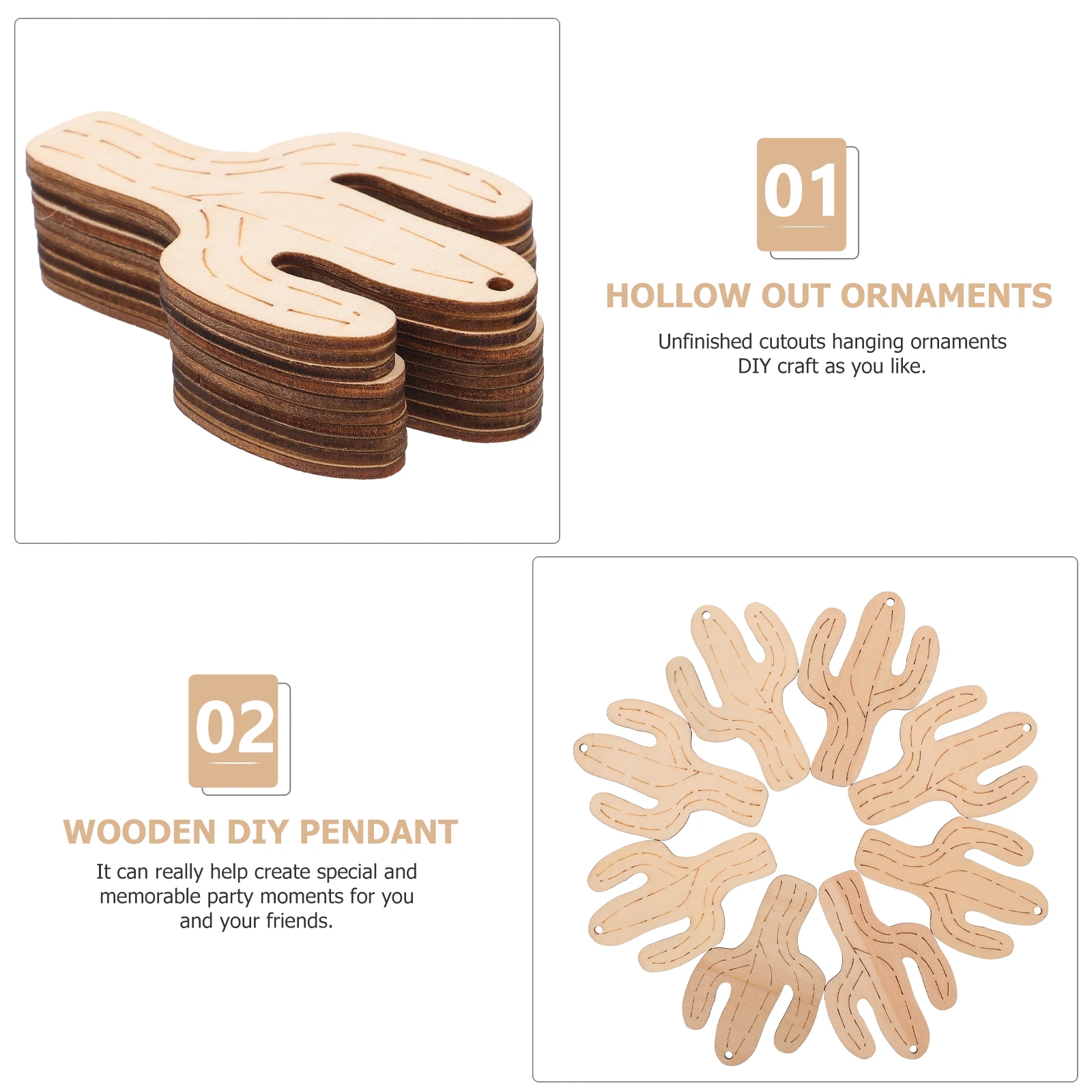 

10Pcs Wooden Cactus Wood Slices Rustic Natural Cutouts Hanging Decor DIY Wedding Party Home Decoration Craft Supplies