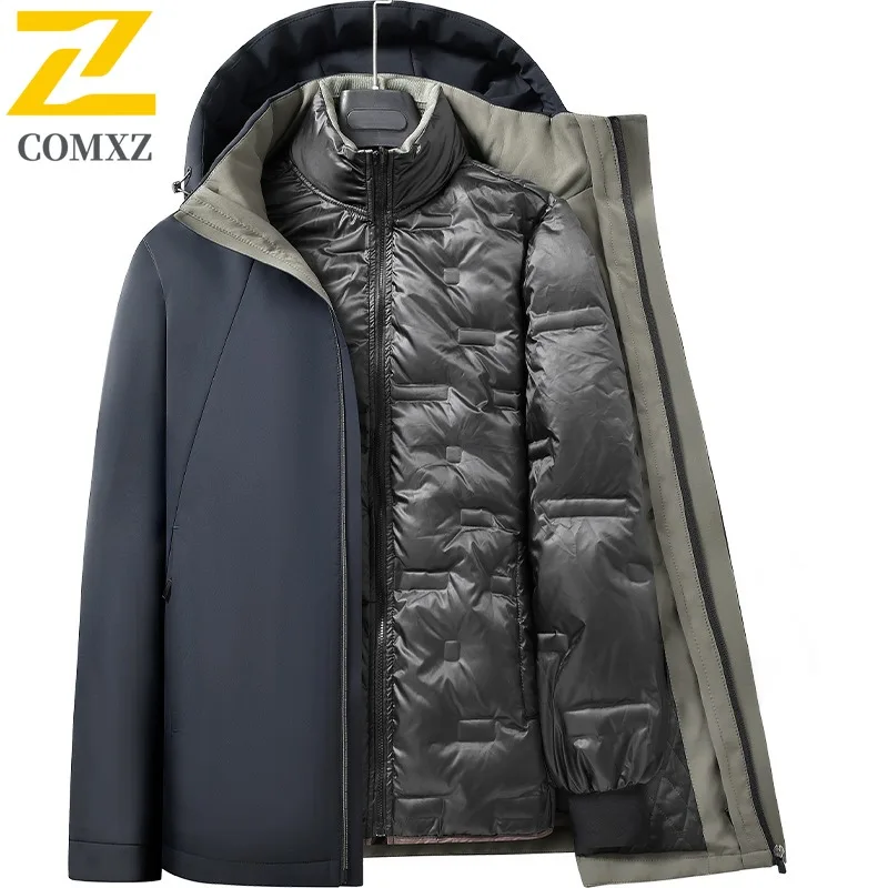 COMXZ 2025 Winter Men Down Jacket New Middle Aged Dad Business Casual Detachable Inner Layer Hood Plush 90% Goose Down Coat