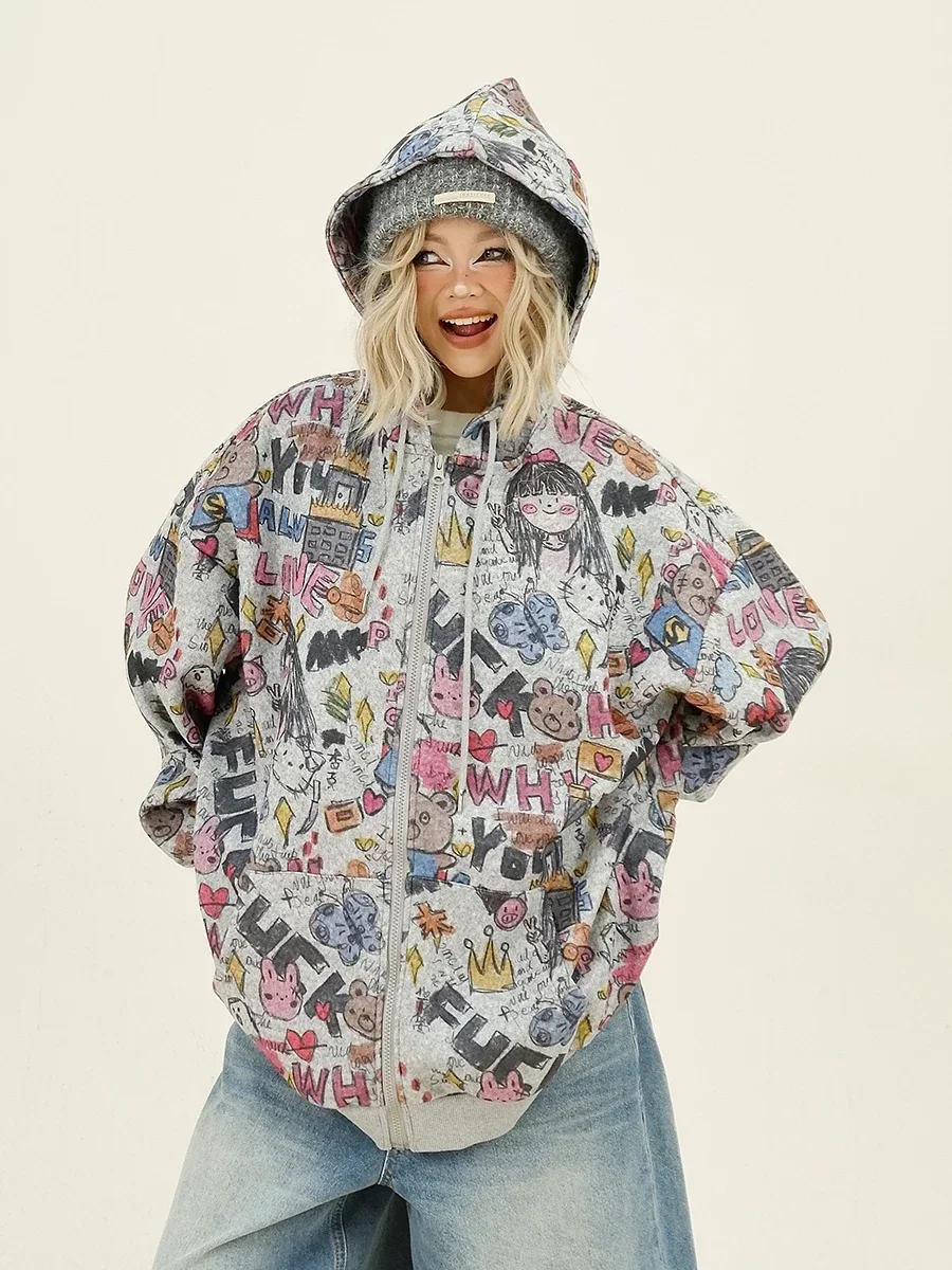 Cartoon Graffiti Full Print Hooded Sweatshirts Cardigan 2024 Autumn New Loose Bf College Style Woman