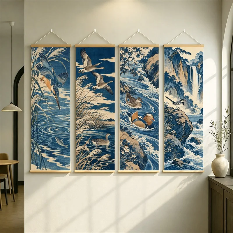 Flying Birds and Cascading Waterfalls Hanging Scroll in Japanese Ukiyo-e Style with Swirling Ocean Waves for a Living Room