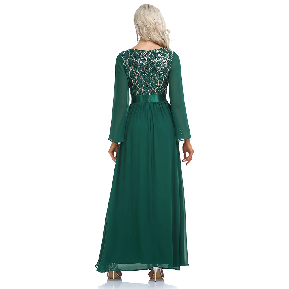 Plus Size Women Elegant V-neck Long Sleeve Sequin Evening Dress A-Line Chiffon Wedding Party Gown For Bridesmaid 2022 New Gown