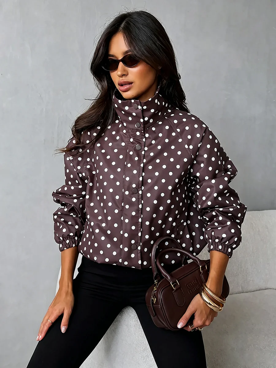 Elegant Women Fall Coat Polka Dot High Collar Snap Button Front Loose Fit Jacket with Pockets Versatile
