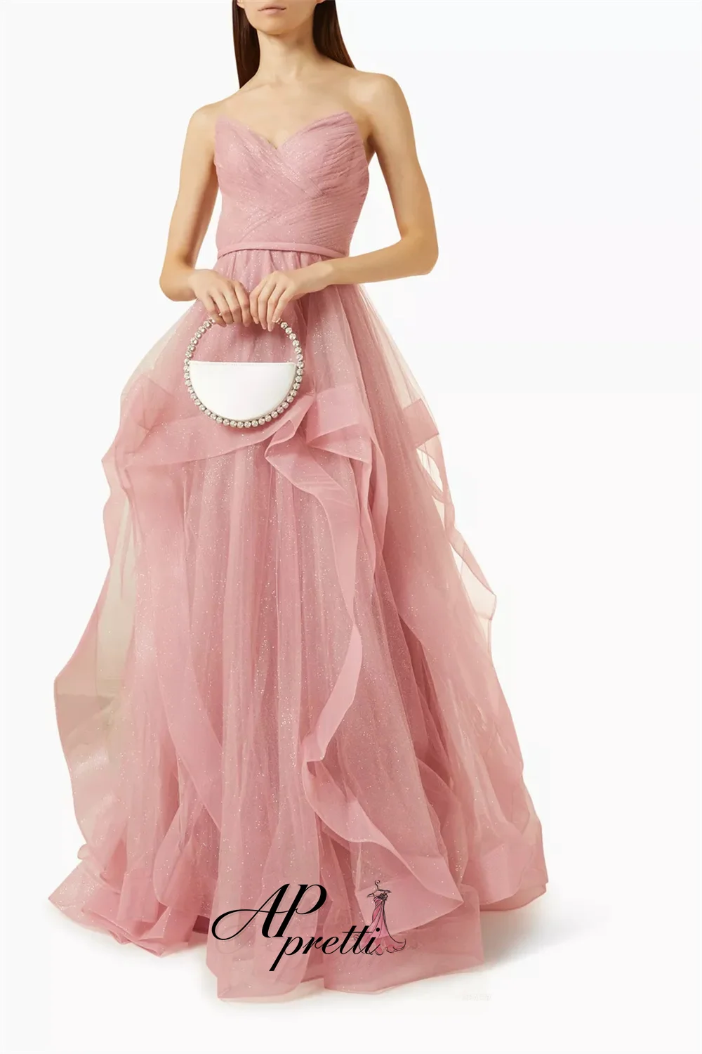 AP pretti Elegant Sweetheart Ruched Glitter Pink Tulle Evening Dress Customized Ruffle Layered Floor Length Prom Party Gown 2026