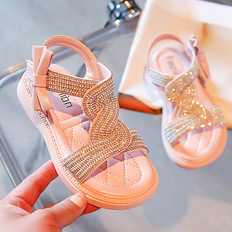 

Size 26-36 Summer 2024 Designer Baby Girls Children Platform Sandals Fashion Sequins Rhinestone Princess Shoes Flats Heels Boots