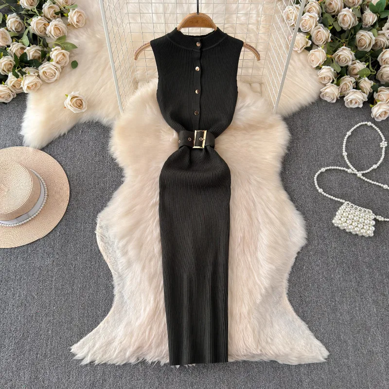 Neploe Stand Collar Single Breasted Dress for Women 2024 Summer New Vest Dresses Y2k Mid-length Bodycon Vestido Feminino