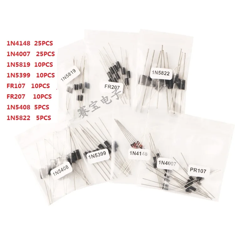 1N4148 1N4007 1N5819 1N5399 1N5408 1N5822 FR107 FR207,8values=100pcs,Electronic Components Package,Diode Assorted Kit