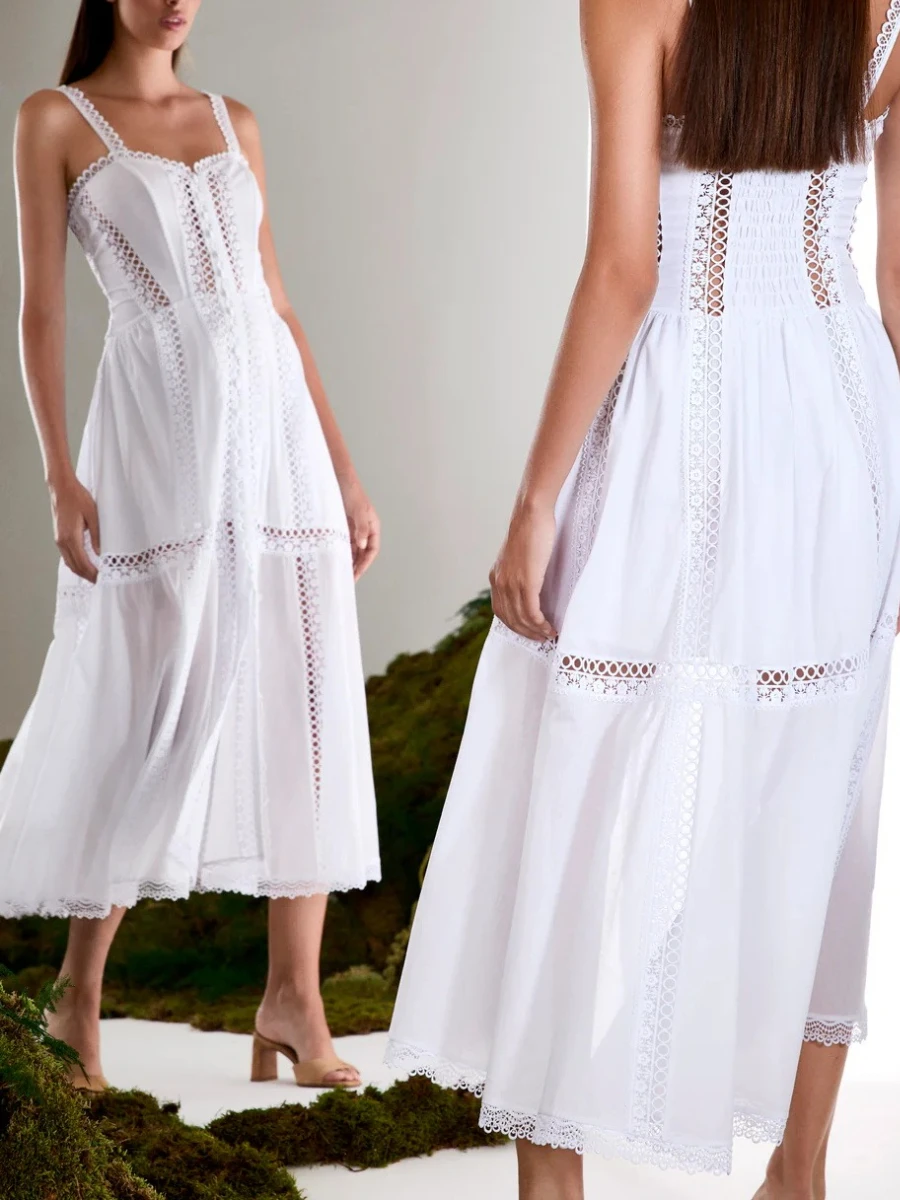 VGH Abito medio solido moda casual per donna Colletto quadrato senza maniche Vita alta Patchwork Scava fuori Abiti trasparenti Donna