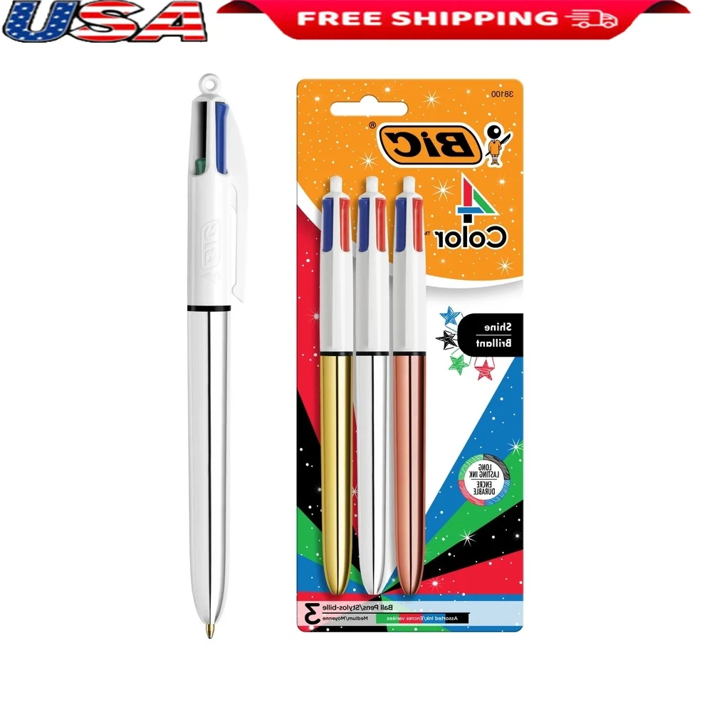 

4 Color Ball Point Retractable Pen 1.0mm Assorted Ink Durable Writing Tool with Comfortable Grip 3 Count Value Pack