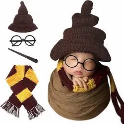 Newborn Photography Props Halloween Wizard Witch Hat Scarf Wand Glasses Frame 4 PCS Set Crochet Baby Photo Prop Costumes