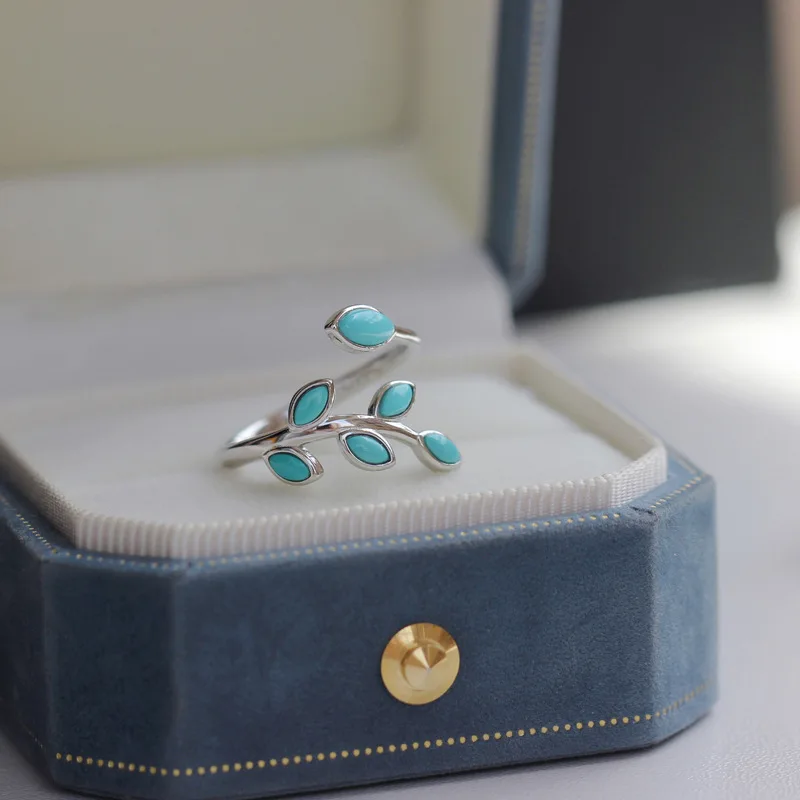 Natural Hubei , Golden Branches And Jade Leaves, S925 Sterling Silver Open Ring, Blue Turquoise