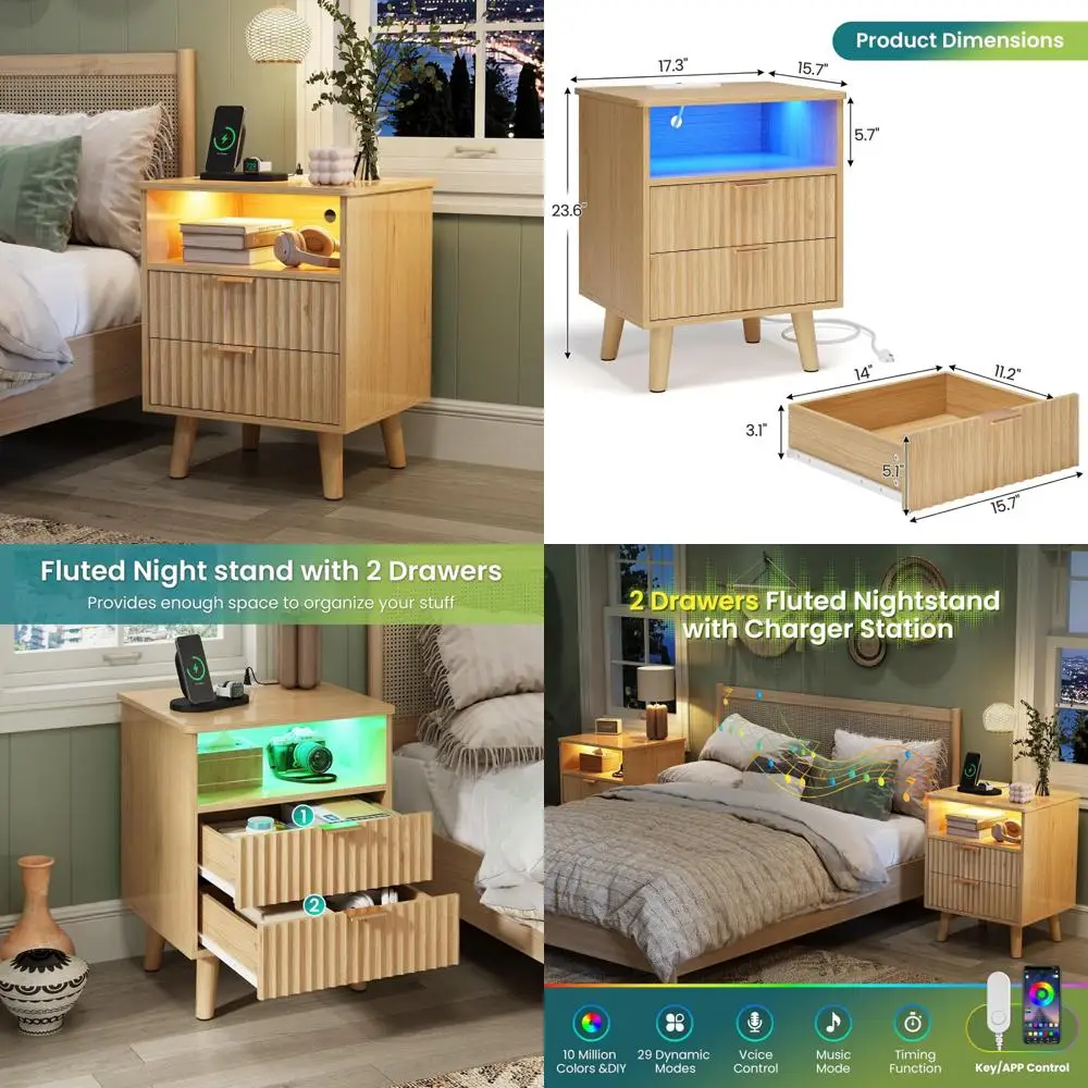 

Modern LED-lit 2-Drawer Nightstand with Charging Station and Open Storage, Fluted Panel Design for Contemporary Bedrooms