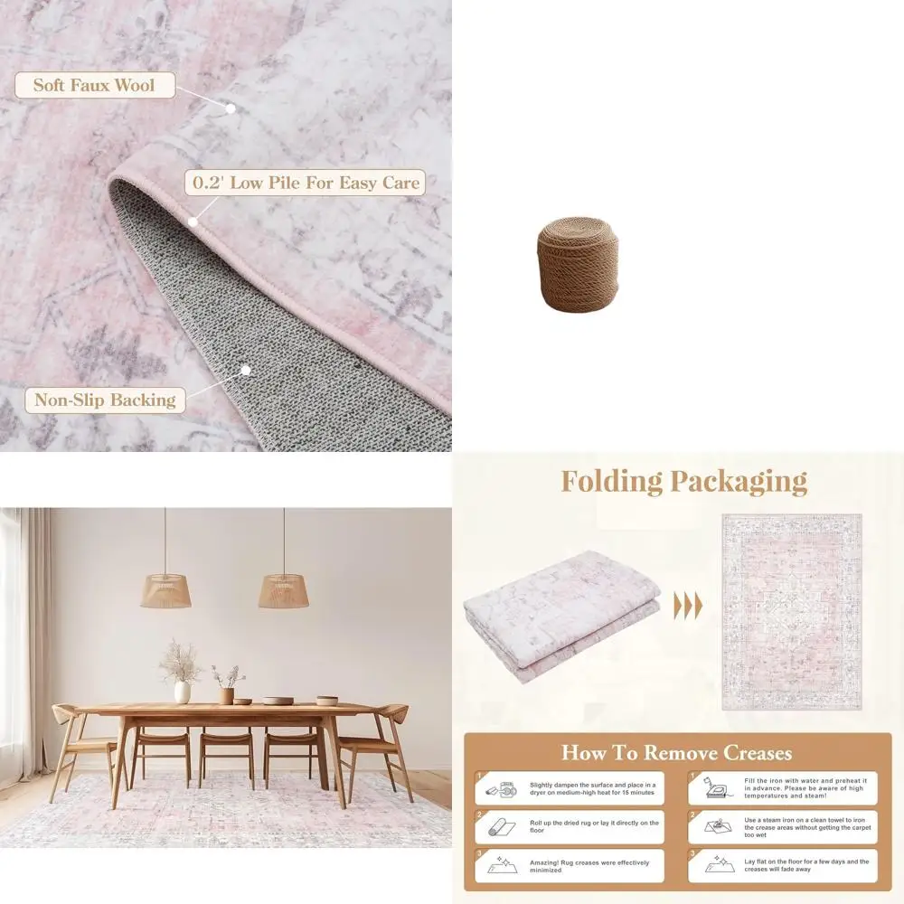 

Boho Pink 5x7 Rug for Girls' Bedroom, Washable Soft Carpet for Living Room, Non-Slip Low-Pile Carpet for Dining and Playroom