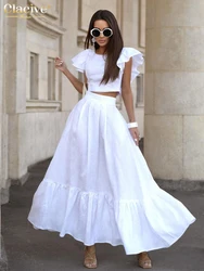 Clacive Summer White Linen 2 Piece Sets Women Outfit 2024 Fashion Short Sleeve Ruffle Crop Top With High Waist Long Skirts Set