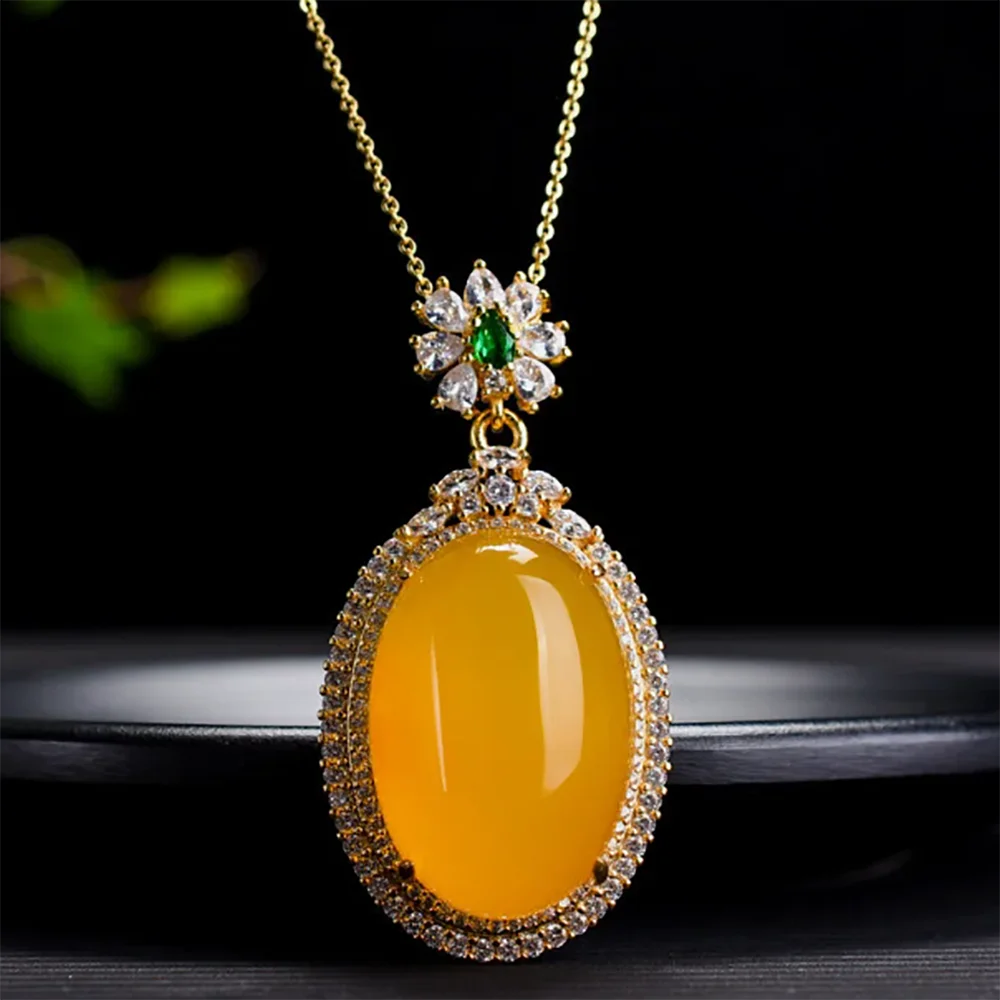 

Jade Crystal Charm Pendant W/ Necklace Chain 18K Gold Plated Natural Chalcedony