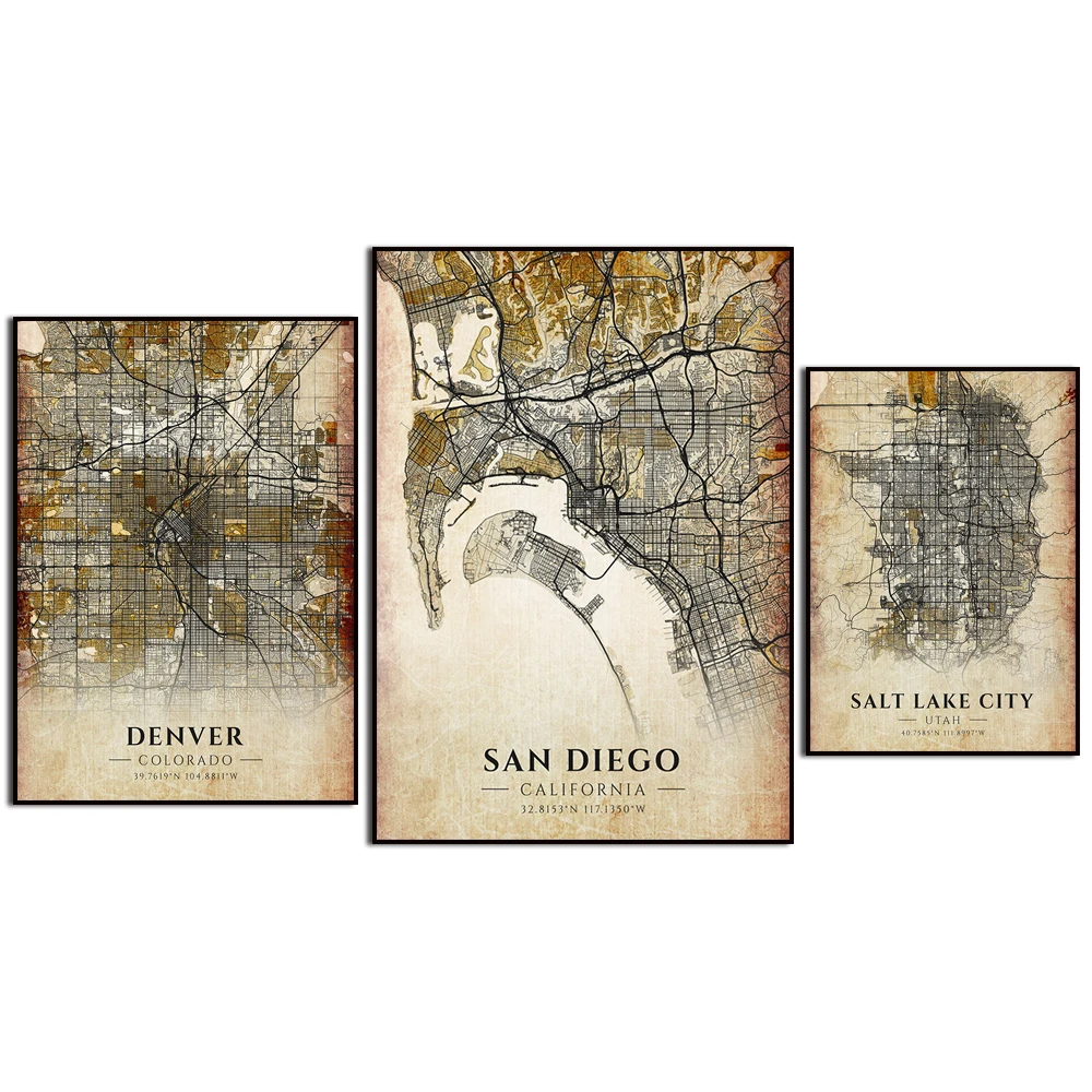 Trenton Salt Lake City Austin Seattle San Francisco San Diego Detroit Denver. Mapa da cidade. Decoração de parede para casa Pintura em tela de arte