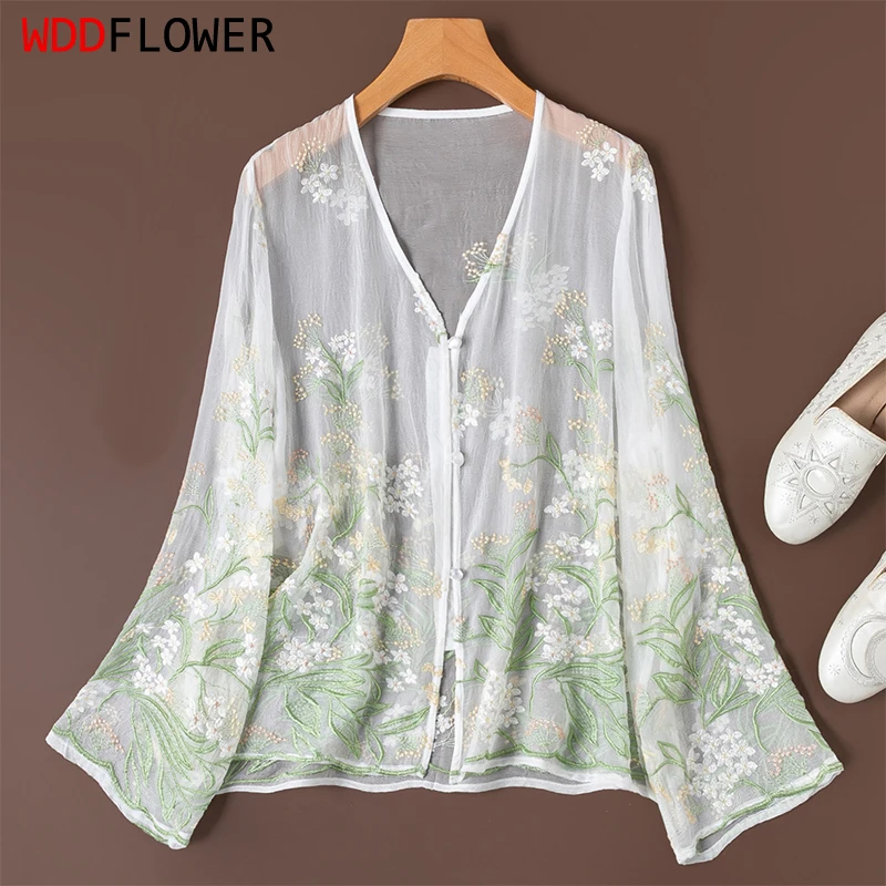 Women Cardigan 100% Mulberry Silk Thin Type White Embroidery Buttons Down Long Sleeve Coat Top Blouse Summer Beach Cover M1606