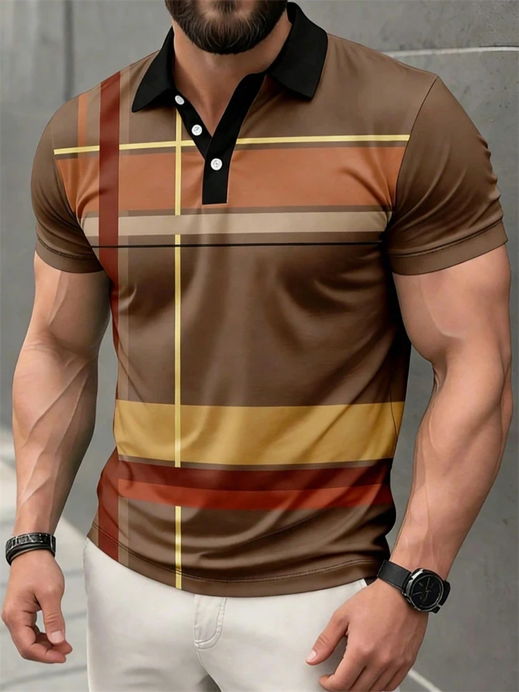 Nova Camisa Polo Masculina Listrada para Golfe, Camisa Polo Casual Masculina de Manga Curta com Gola, Estilo Business-Casual Elegante, Camiseta Respirável